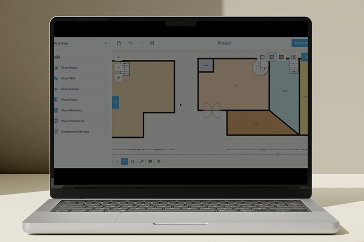 Laptop met digitale floorplanner op het scherm, als sfeerbeeld voor het digitaal inmeten en visualiseren van ruimtes door M2 Mediabureau.